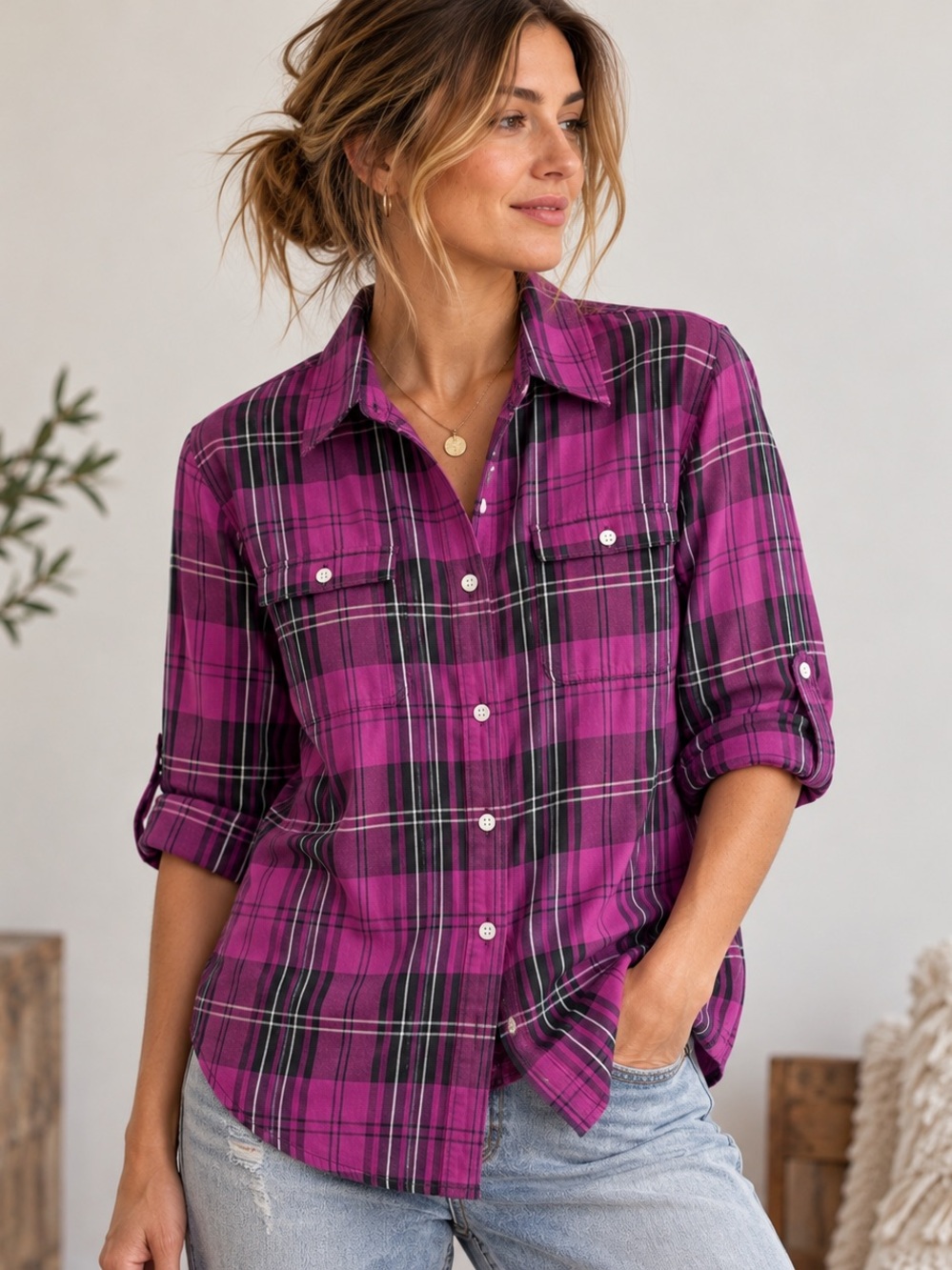Lauren Jeans Co. Purple Plaid Cotton Roll Tab Button Up